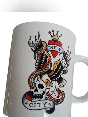 Ed Hardy White Mug with Skull Tattoo Gambling 16 oz Snake Eagle Grunge Dice